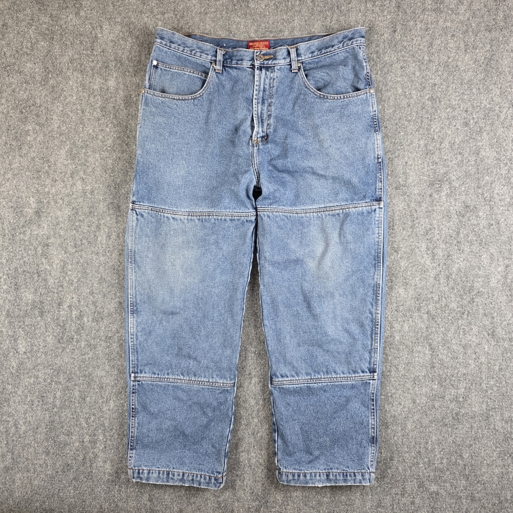 MOOSE CREEK FLANNEL LINED BLUE DOUBLE KNEE WORKWEAR JEANS SIZE 39X29 TAGGED 40